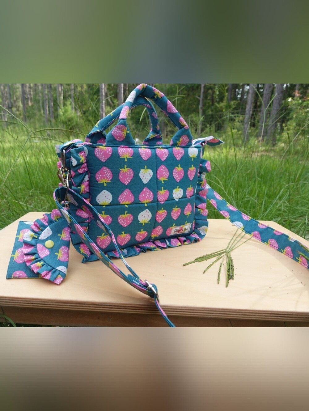 Aurélie Teal Strawberry Print Mini Tote with Ruffled Trim